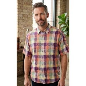 At Ease Two-Ply Cotton Plaid Jacquard Floral Short Sleeve Button Shirt Men's XL